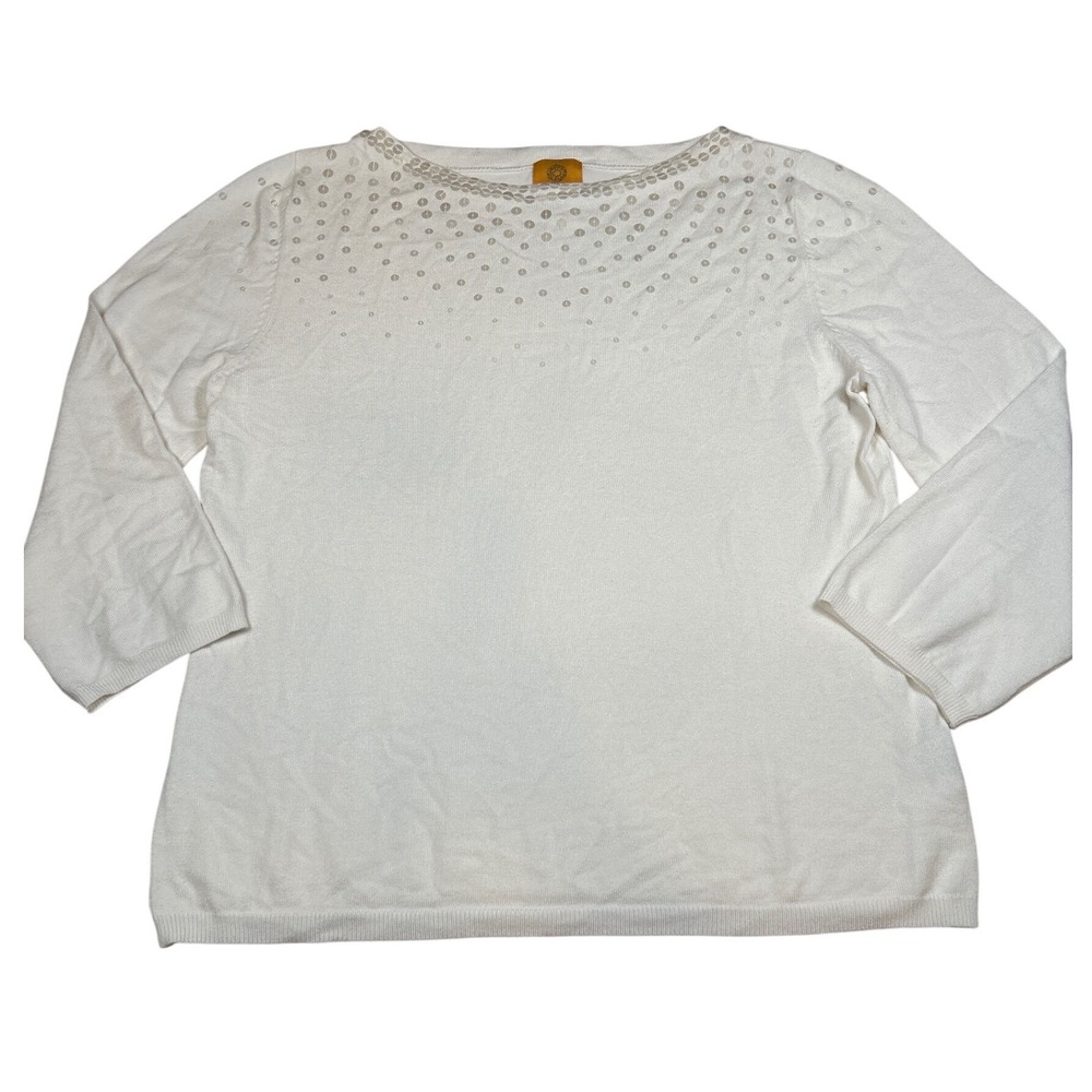 Ruby Rd Womens White Sequin Boat Neck 3/4 Sleeve Knit Pullover Sweater Size L